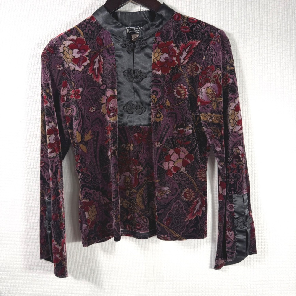 New York City Design Co Floral Velvet Top S Asian Frog Closure Satin Trim S
